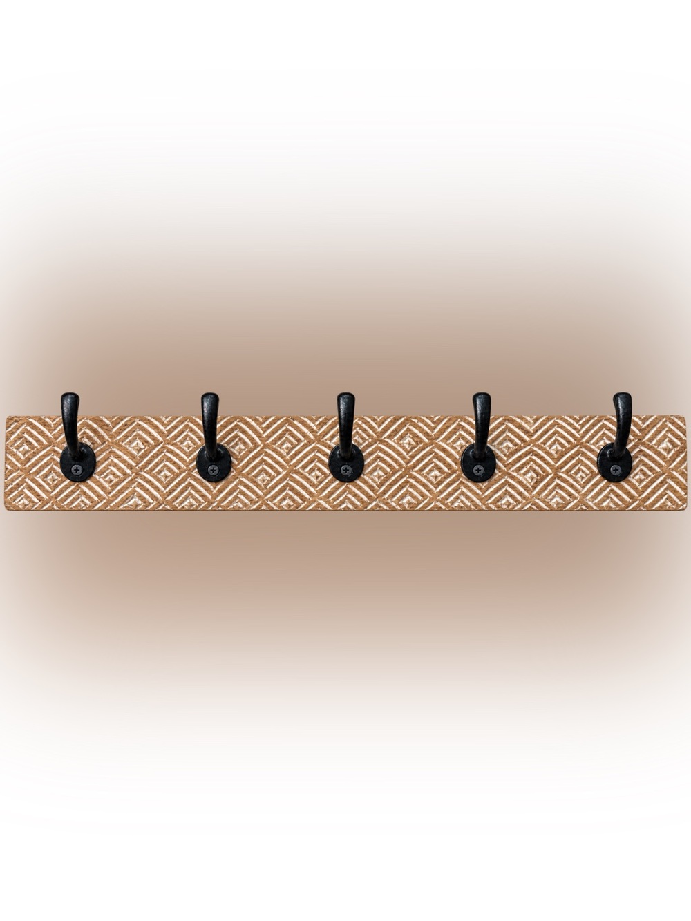 Carved Wood Wall Rack • Whitewashed Geometric Design • 5 Black Hooks